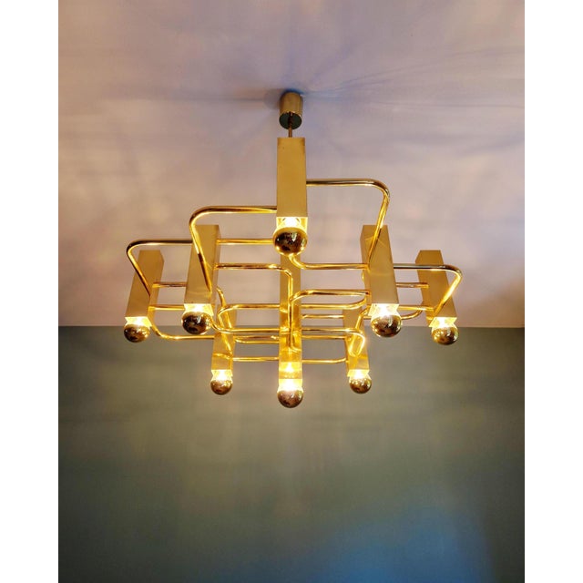 Gaetano Sciolari Geometric Brass Chandelier by Gaetano Sciolari for Boulanger, 1970s For Sale - Image 4 of 14