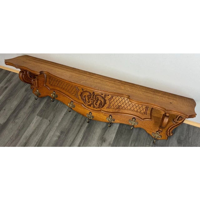Brown Antique French Oak Coat Rack Hanger Shelf For Sale - Image 8 of 12