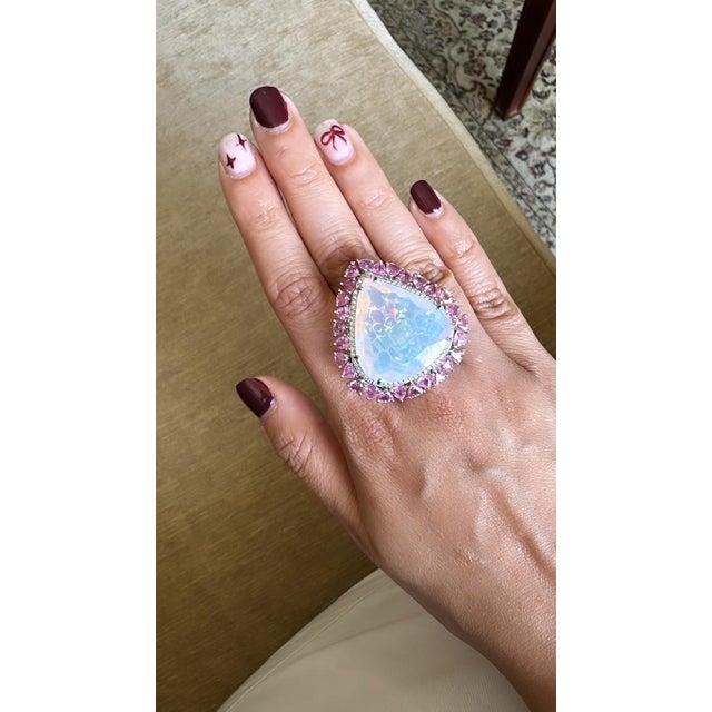29.59 Carat Ethiopian Opal, Pink Sapphire & Diamond Cocktail Ring/ Pendant Necklace, Size 6 For Sale - Image 14 of 16