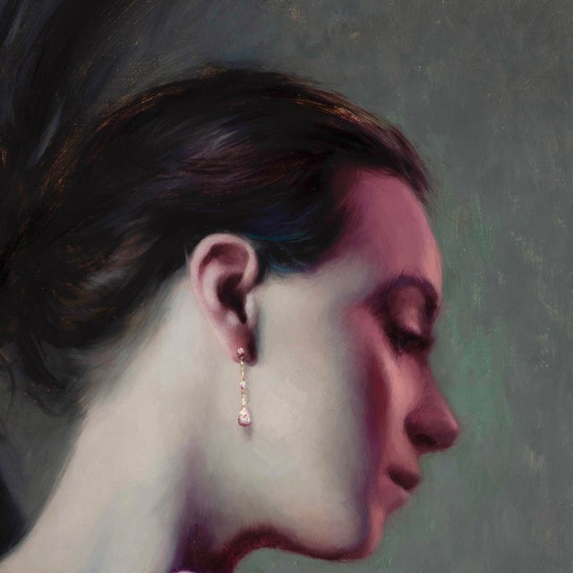 This oil painting on linen depicts a serene figure, elegantly posed with a gentle curve to her form, evoking a sense of...