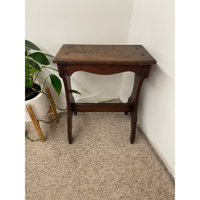 Wood Vintage Decorative Wood Stool With Curved Silhouette and Exposed Peg Details For Sale - Image 7 of 9