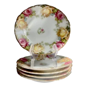 Early 1900's Set of 5 Louvres Bavaria Rose Porcelain Plates