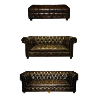 Westminster Button Sofas and Ottoman in Black Leather from Timothy Oulton, 2010s, Set of 3 For Sale