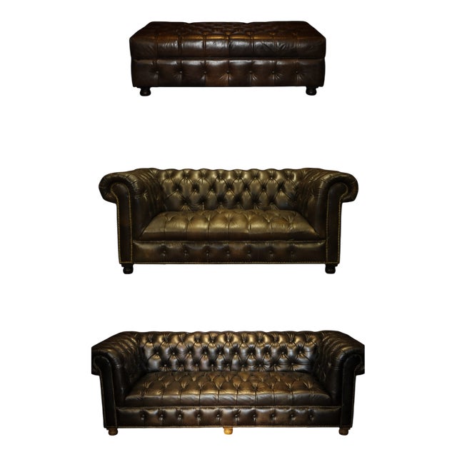 Westminster Button Sofas and Ottoman in Black Leather from Timothy Oulton, 2010s, Set of 3 For Sale