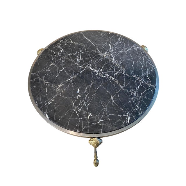 Mid-Century Modern Parisian Maison Jansen Style Iron and Brass Side Table With Black Marble Top For Sale - Image 3 of 9