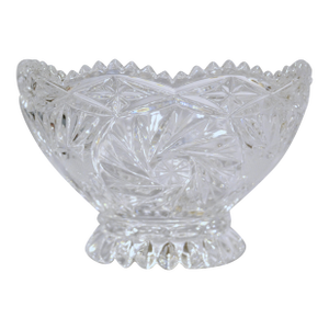 1950s Waterford Style Boho Chic Etched Lead Crystal Footed Bowl Saw Tooth Rim