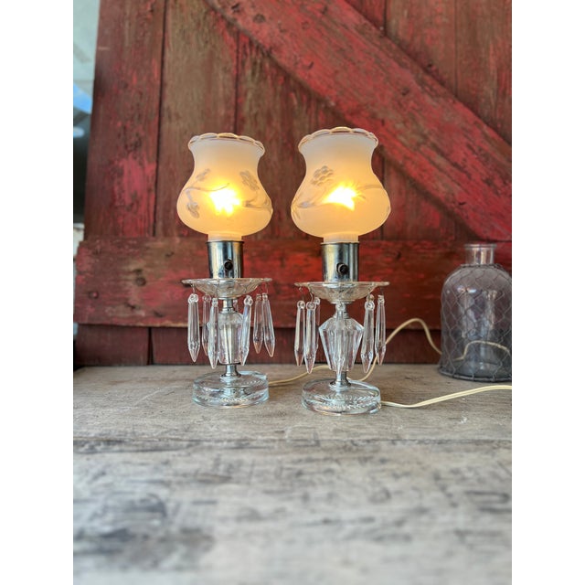 Pair of Vintage Crystal Boudoir Table Lamps With Frosted Floral Glass Shades For Sale - Image 13 of 18