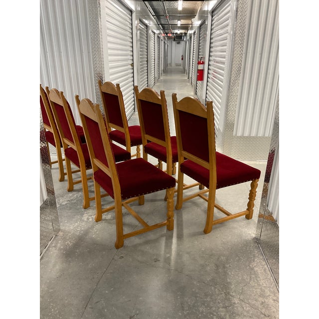 Set of 6 1970s Danish Oak Dining Chairs - Style of Henning Kjærnulf - Original Red Mohair For Sale In Raleigh - Image 6 of 18