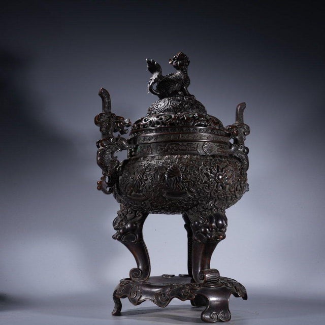 Chinese Monumental Chinese Bronze Dragon & Qilin Tripod Censer With Base - 19kg / 42 LBS For Sale - Image 3 of 9