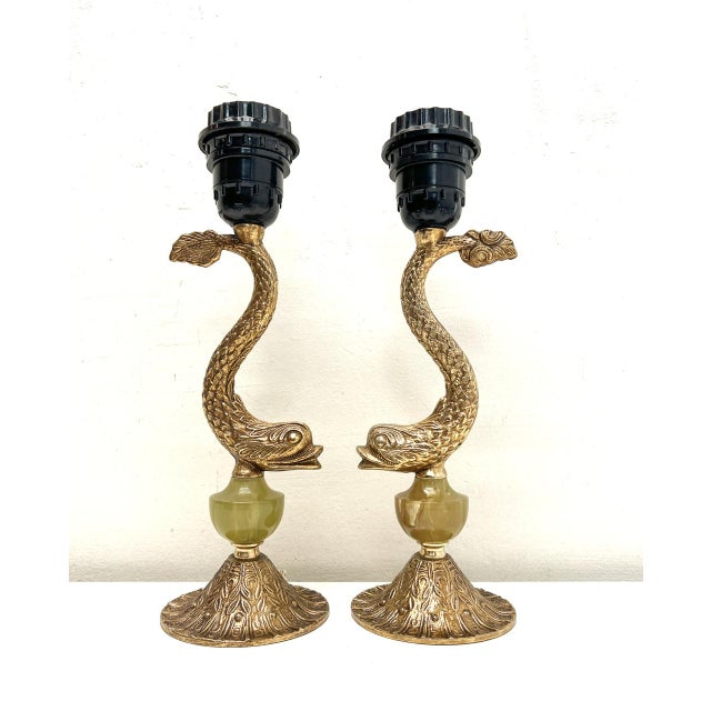 Dolphin Koi Fish Table Lamps in Brass and Marble, 1970s, Set of 2 For Sale - Image 4 of 11