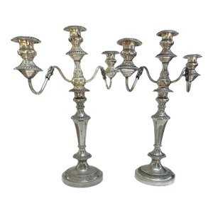 Pair George III Old Sheffield Silver Plated Three Light Candelabras.
