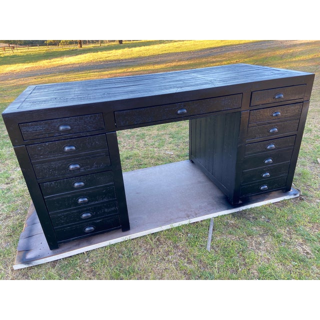 Rh Restoration Hardware Printmakers Executive Desk With Distressed Wood For Sale - Image 12 of 12