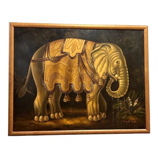 Elephant in Profile: Playful Folk Art Oil on Canvas by Reginald Baxter, Canadian, 20th Century, Framed For Sale