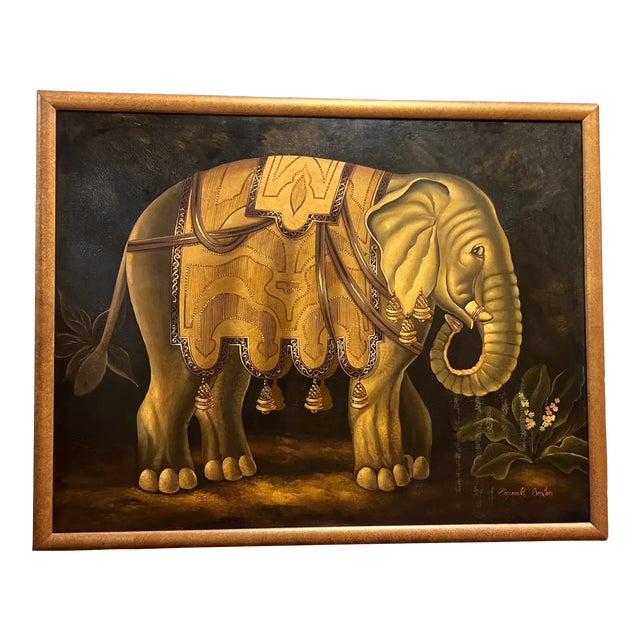 Elephant in Profile: Playful Folk Art Oil on Canvas by Reginald Baxter, Canadian, 20th Century, Framed For Sale