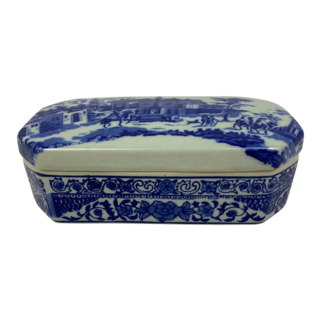 Vintage Blue & Celadon Earthenware Pottery Covered Box For Sale