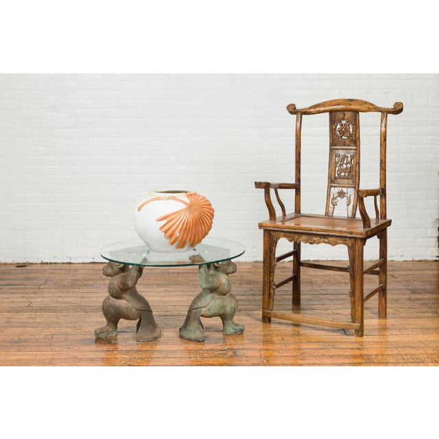 A vintage bronze double monkey coffee table base from the mid-20th century, with verde patina. The top is not included but...