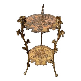 1920s Iris Motif Two Tier Brass Art Nouveau Plant Stand Side Table For Sale