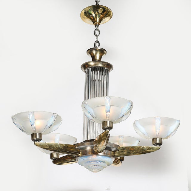 Atelier Petitot Art Deco Brass Petitot Chandelier W/ Glass Rods & Opalescent Glass Shades For Sale - Image 4 of 18