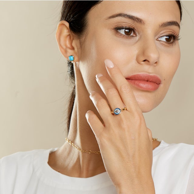 Created in 18kyg Reversible evil eye ring Azure blue, turquoise blue & white enamel Diamonds 0.10 ct approx Swivel...