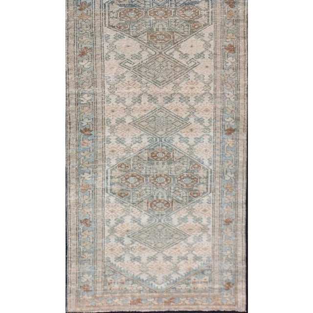 Measures: 2'5 x 9'1 Antique Persian Sarab Runner with Sub-Geometric Design in Light Blue, Tan, Grey. Antique Sarab Runner,...