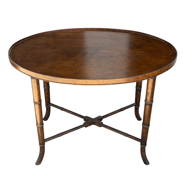 Wood Antique Red Tole Tray Side Table on Mahogany Fan Bamboo Stand For Sale - Image 7 of 7