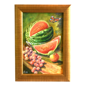Fruit Tablespace Oil Painting, Artist Signed Including the Antiqued Gold Wood Frame