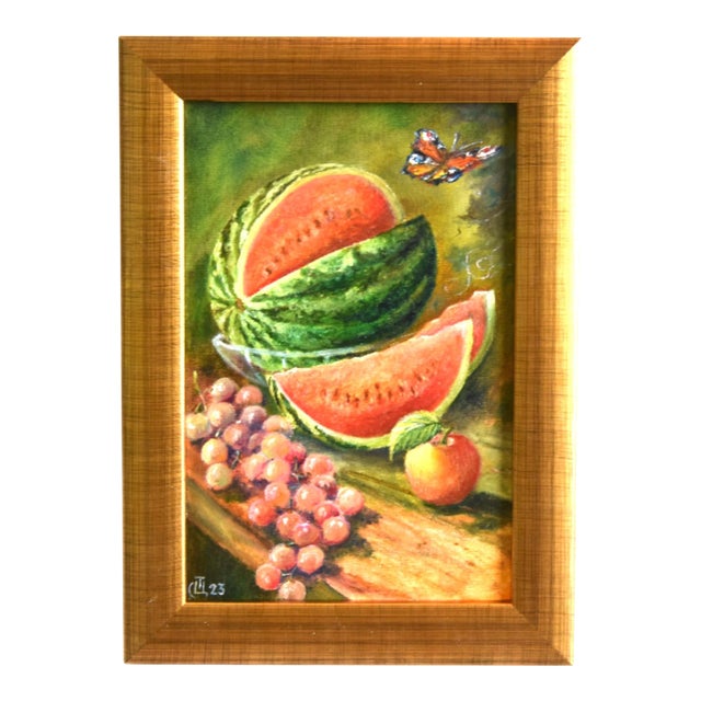 Harvest Fruit Tablespace Oil Painting, Artist Signed Including the Antiqued Gold Wood Frame For Sale