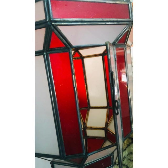 Glass 1990s Art Deco Style White Milk & Red Glass Chandelier, Pendant or Lantern, a Pair For Sale - Image 7 of 18