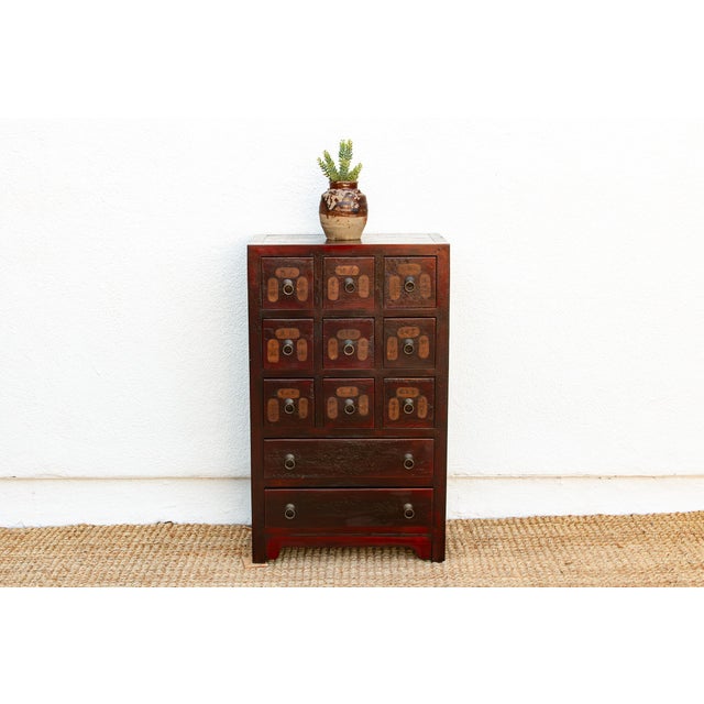 Asian Vintage Red Painted Apothecary Chest For Sale - Image 3 of 13