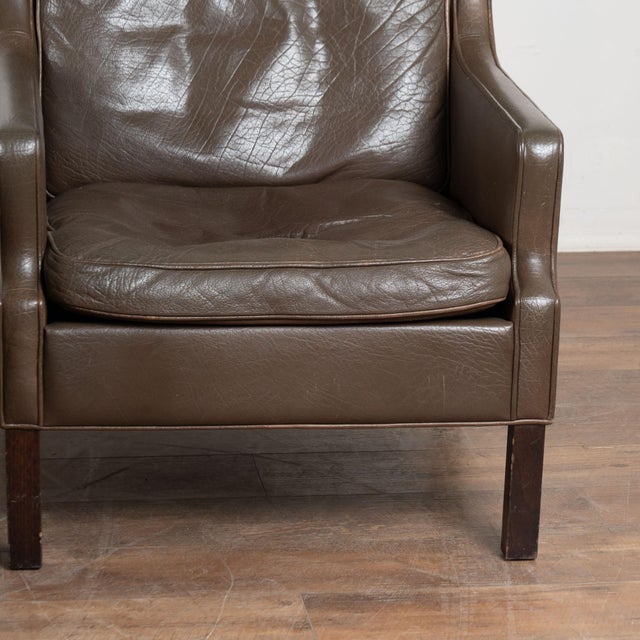 Wood Pair of Mid Century Danish Brown Leather Wingback Club Chairs For Sale - Image 7 of 9