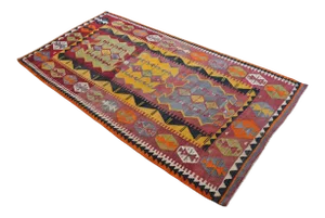 1970s Turkish Kilim Rug Handmade Wool Vintage Floor Art |Hand-Woven | 5'1" X 10'