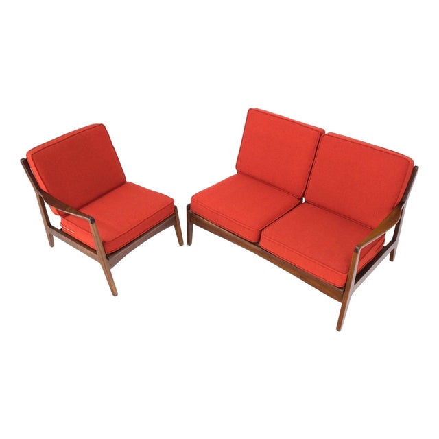 Danish Mid-Century Modern Walnut Lounge Chair Settee Loveseat Couch Sofa Set For Sale