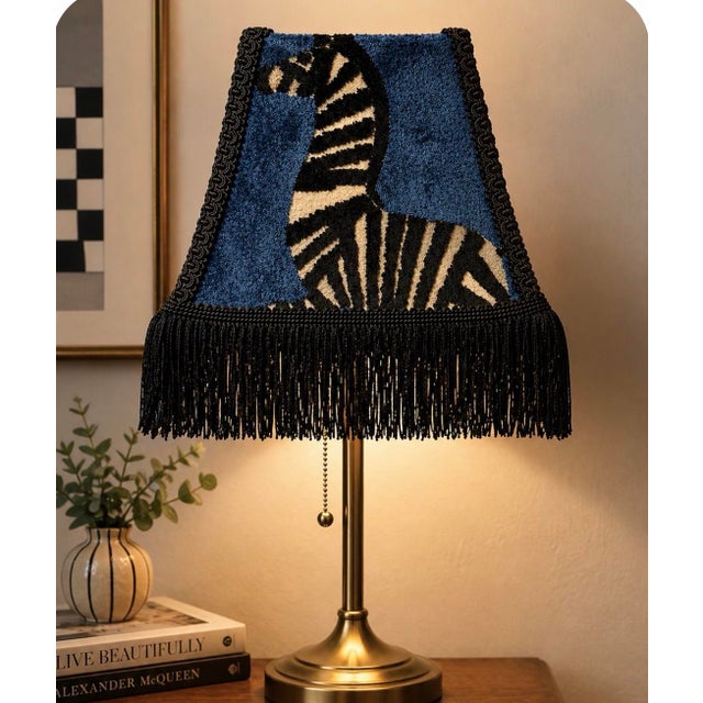 Mid-Century Modern Regal Sapphire Zebra Velvet Lampshade With Black Trim & Rayon Fringe For Sale - Image 3 of 9