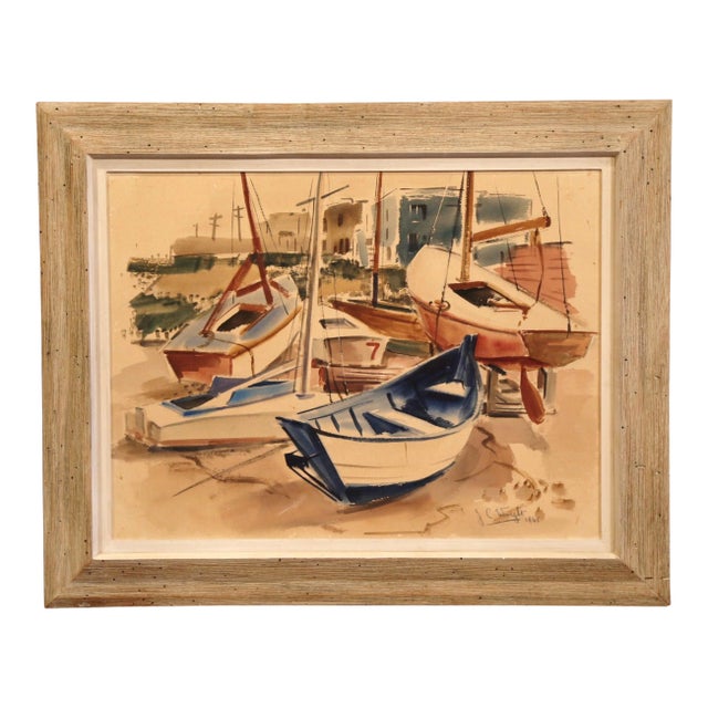 Mid-Century English Oil on Board Boat Painting Signed Jc Wright For Sale