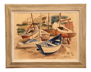 Mid-Century English Oil on Board Boat Painting Signed Jc Wright