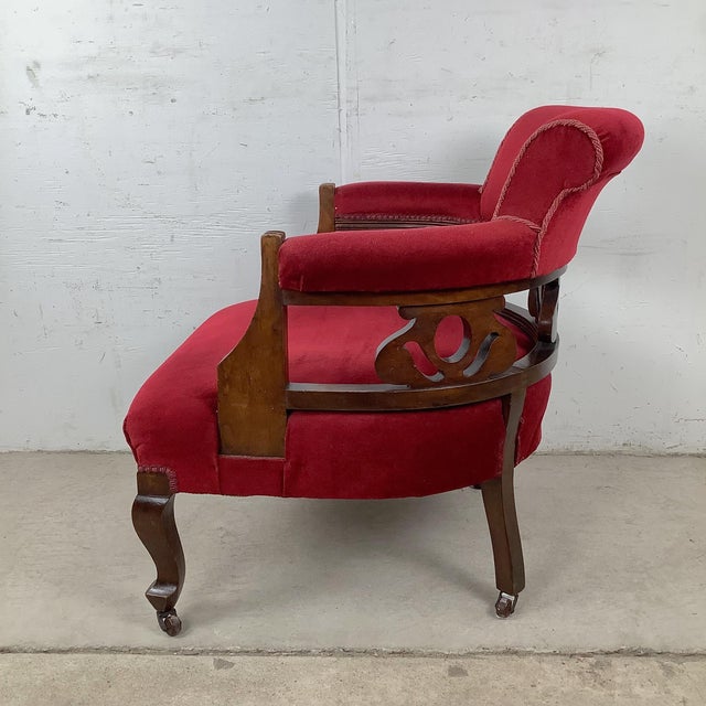 Traditional Vintage Empire Revival Upholstered Armchair With Casters For Sale - Image 3 of 12