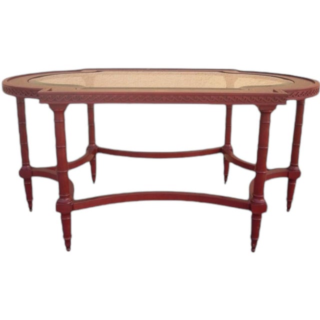 Excellent condition! Traditional faux cinnabar painted 6 leg base with carved stylized wave design top edge, black inset...