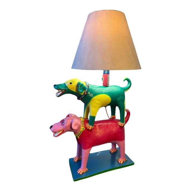 Artisan "Two Dogs" Hand Painted Sculpted Clay Lamp by Oaxacan Artist Gabriel Sosa Singed For Sale