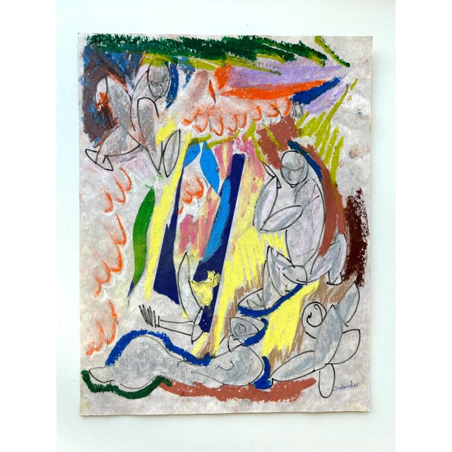 Abstract French pastel drawing on parchment paper, signed, Unframed.