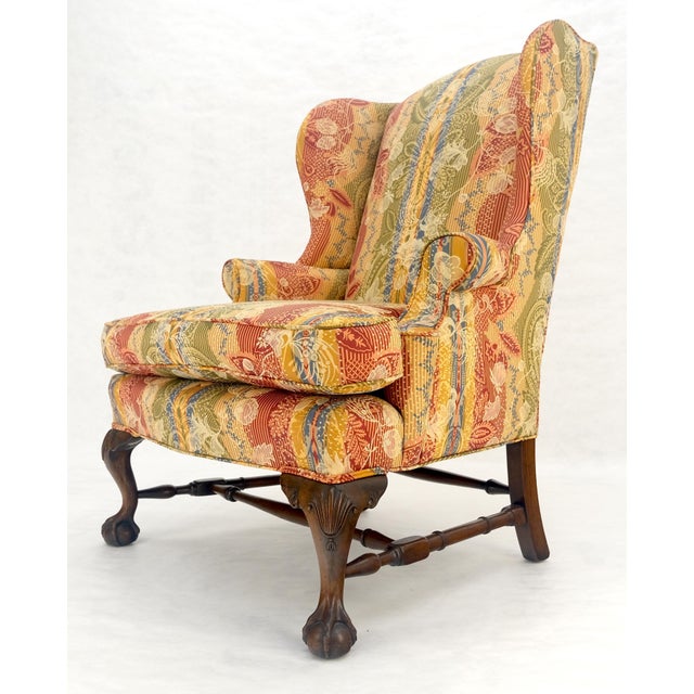 Large Fancy Floral Pattern Uphlstry Fine Carved Ball & Claw Feet Wing Chair MINT For Sale - Image 12 of 13