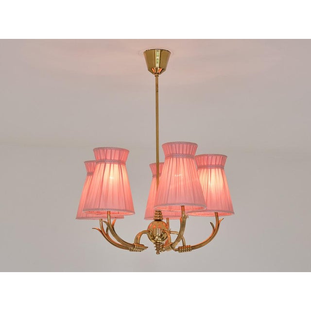 Vintage Swedish Five-Arm Brass Chandelier with Pink Shades, 1940s For Sale - Image 12 of 13