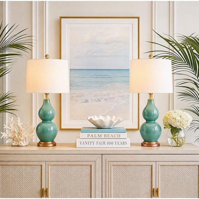 Modern Lamp Pair Restored Vintage Christopher Spitzmiller Style Coastal Blue Crackled Porcelain For Sale - Image 3 of 14