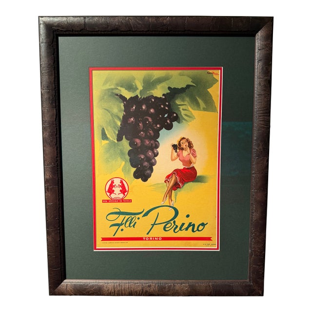 Original 1951 Italian Advertisement / Poster for Table Grapes by "Fratelli Perino," Torino, Framed in Museum Glass For Sale
