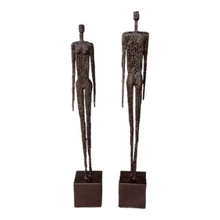 Pair of 1970s Alberto Giacometti Style Brutalist Metal Statues For Sale