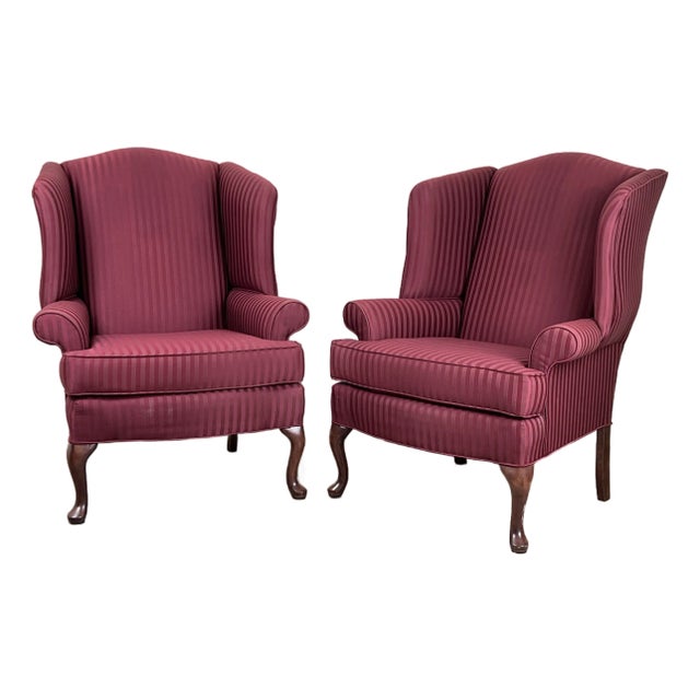Vintage Pair Burgandy Wing Back Chairs by Hamilton House For Sale