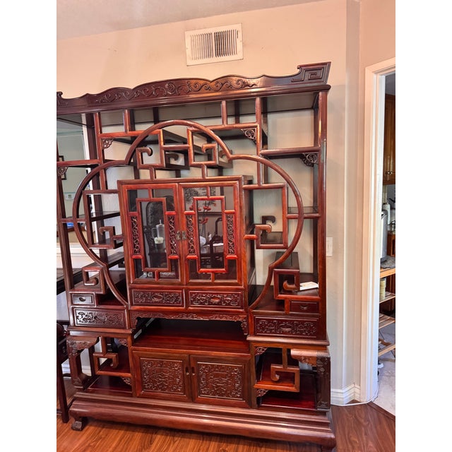Brown Asymmetrical Multi-Tiered Curio Cabinet / Display Hutch: For Sale - Image 8 of 9