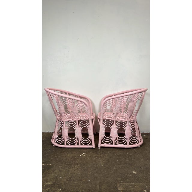Wood Vintage Pink Rattan Lounge Chairs- A Pair For Sale - Image 7 of 13