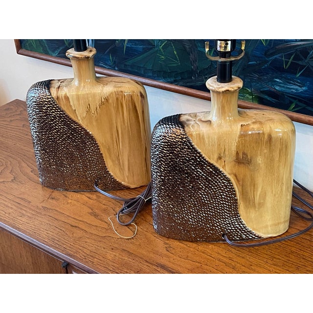 Late 20th Century Vintage Sculptural Drip Glaze Ceramic Table Lamps, Pair For Sale - Image 5 of 12