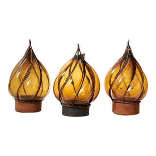 Vintage Caged Blown Glass Lamp Shades/Globes - Set of 3 For Sale