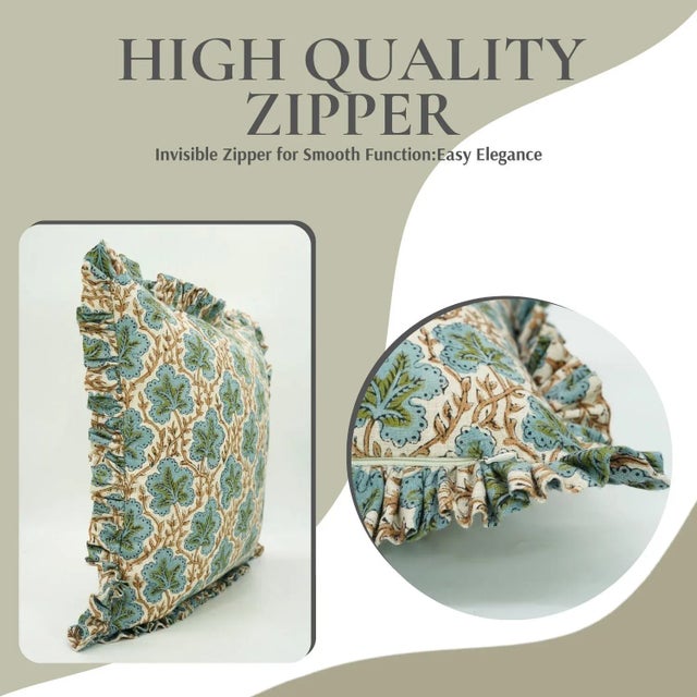 Art Deco Fabdivine Handcrafted Block Print Frill Cushion Cover 12x20 Inch Pure Linen- Pushpsamita For Sale - Image 3 of 5